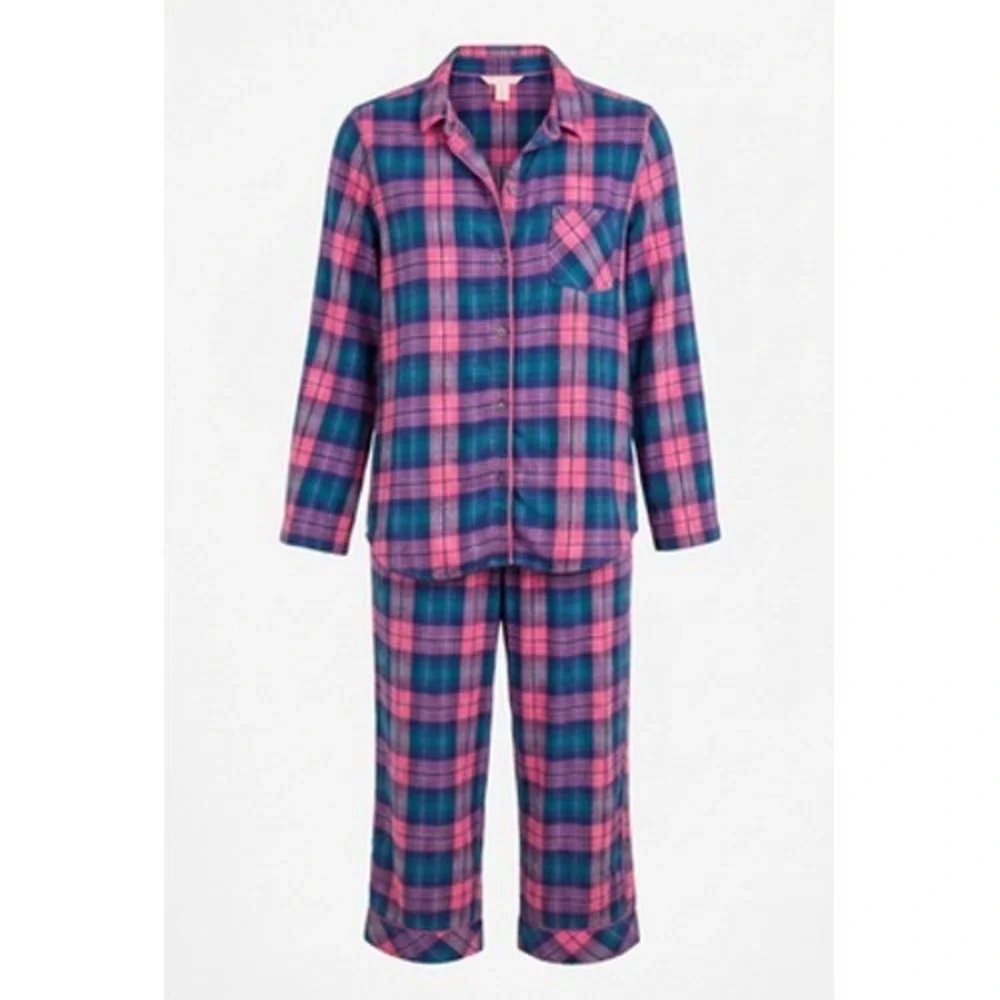 Victoria's Secret Pajama Set Women L Pink Blue Plaid Flannel Button Lounge Cozy